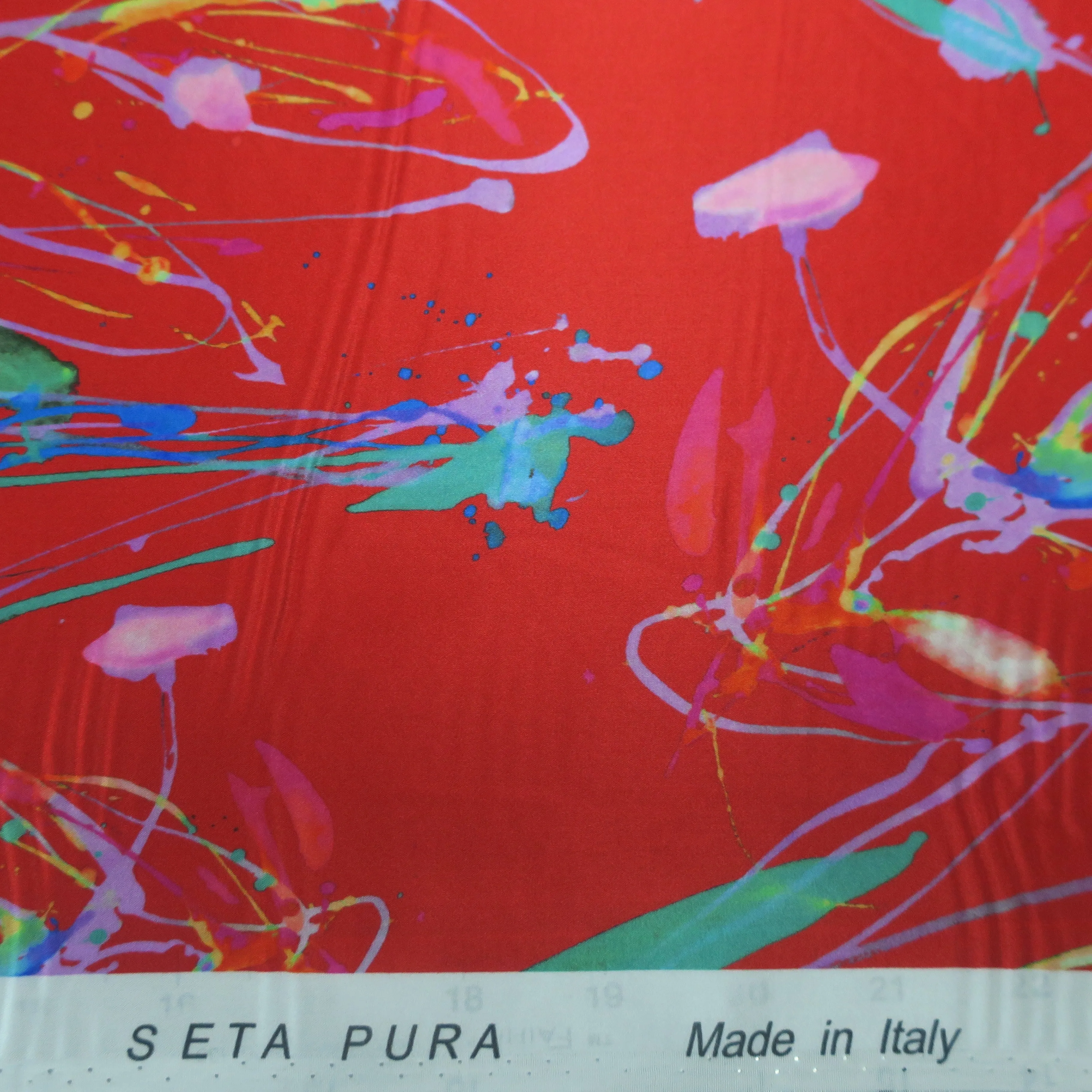 Abstract Red Splatter Print on Blush Silk Charmeuse Fabric