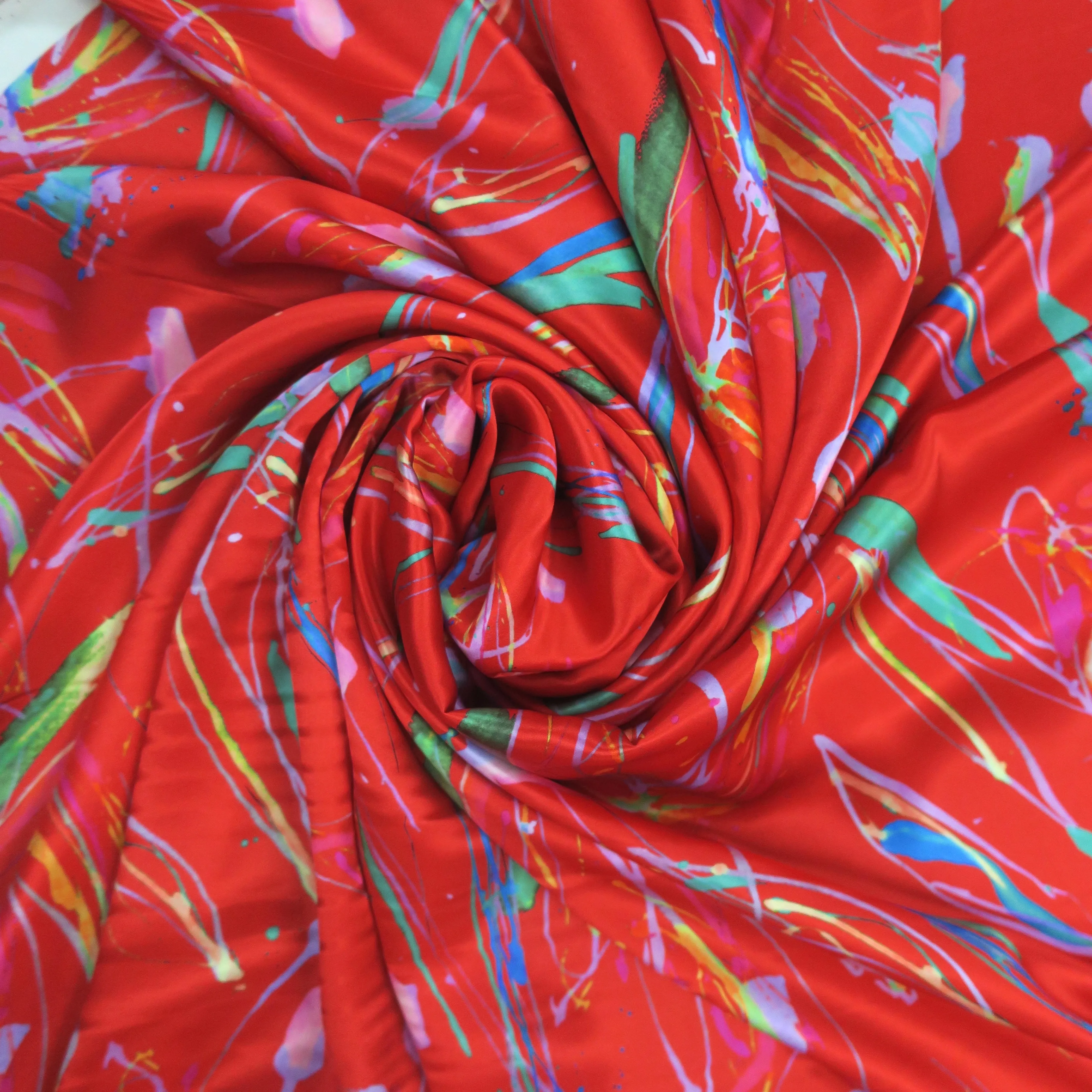 Abstract Red Splatter Print on Blush Silk Charmeuse Fabric