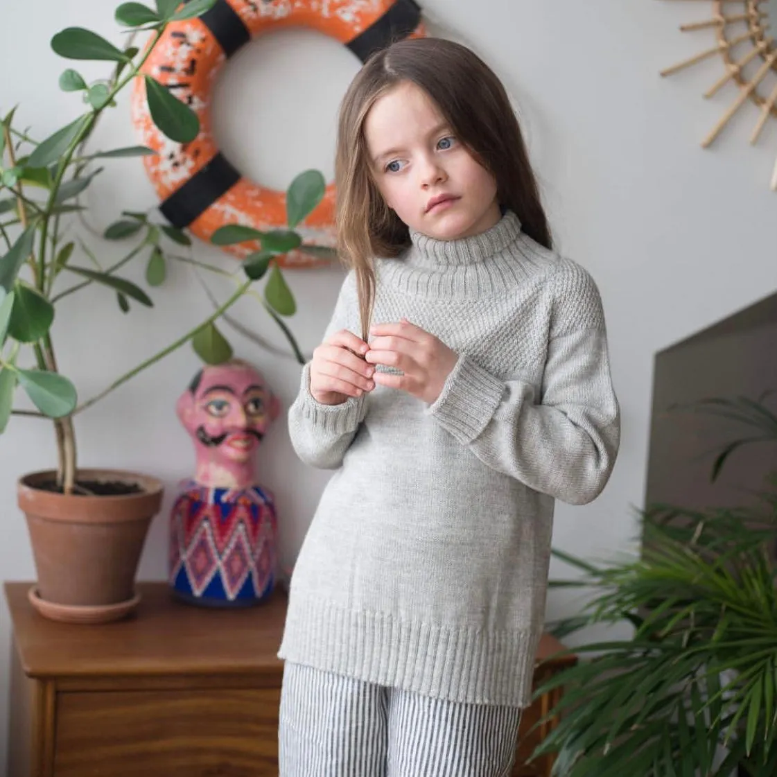 Alpaca & Wool Knitted Sailor Sweater - Light Grey - 18m-12y