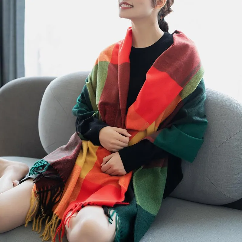 Autumn and winter thickened warm cashmere-like large plaid scarf season shawl scarf