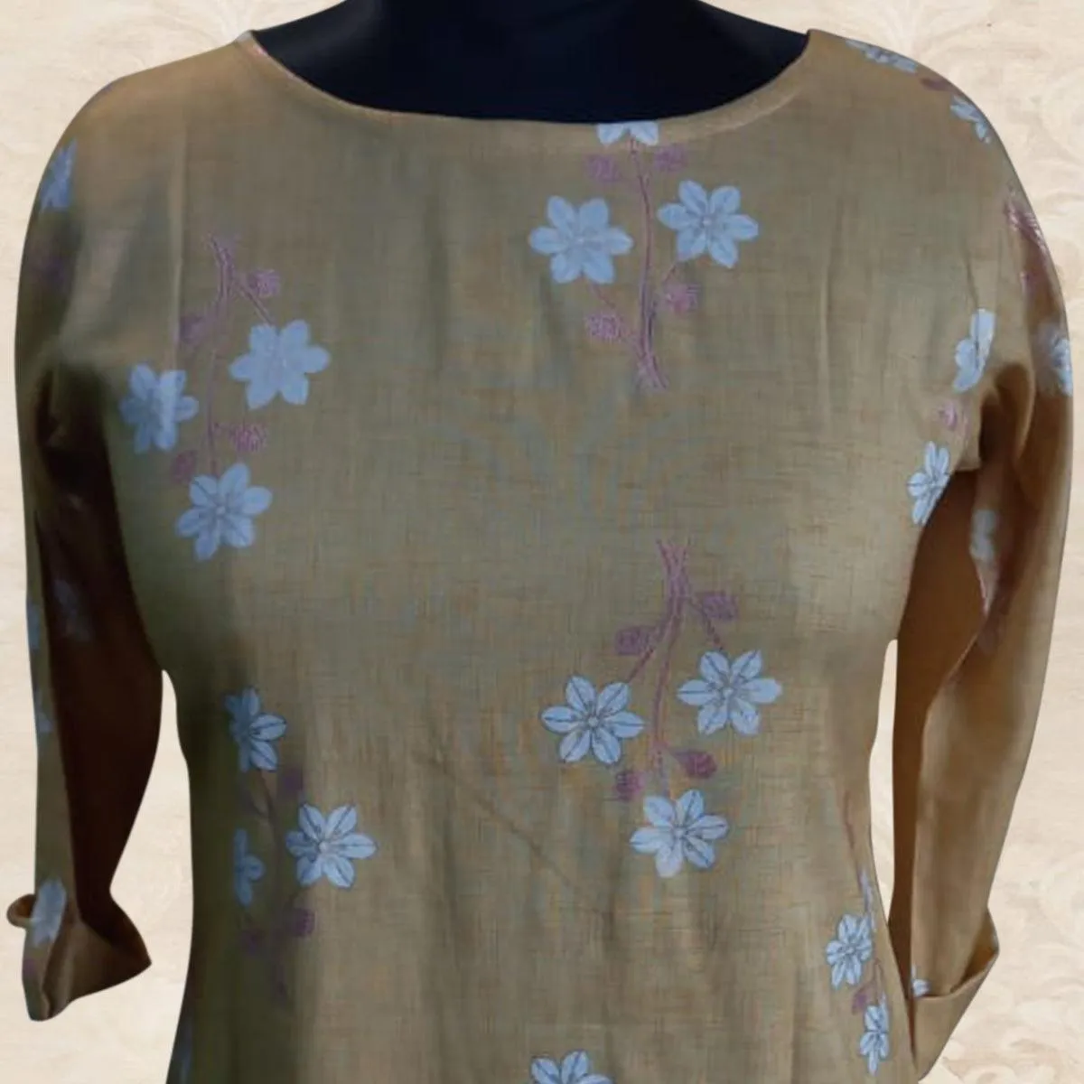 Beige Casual Wear Floral Printed Cotton Top