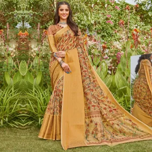 Beige Partywear Floral Printed Linen Saree