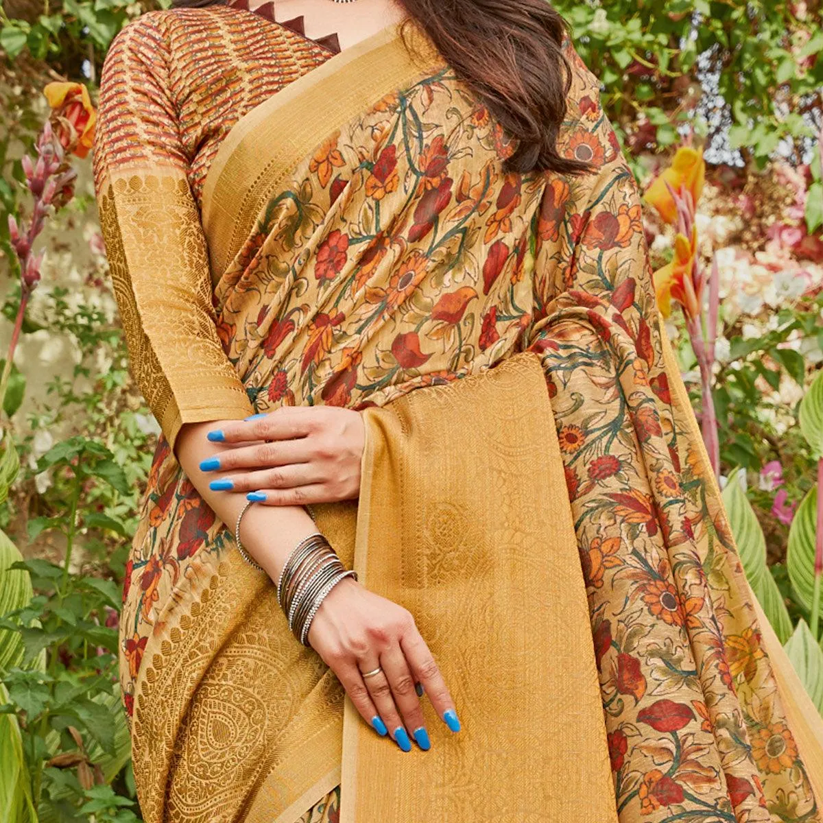 Beige Partywear Floral Printed Linen Saree