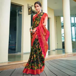 Black Casual Wear Floral Printed Pure Linen Saree