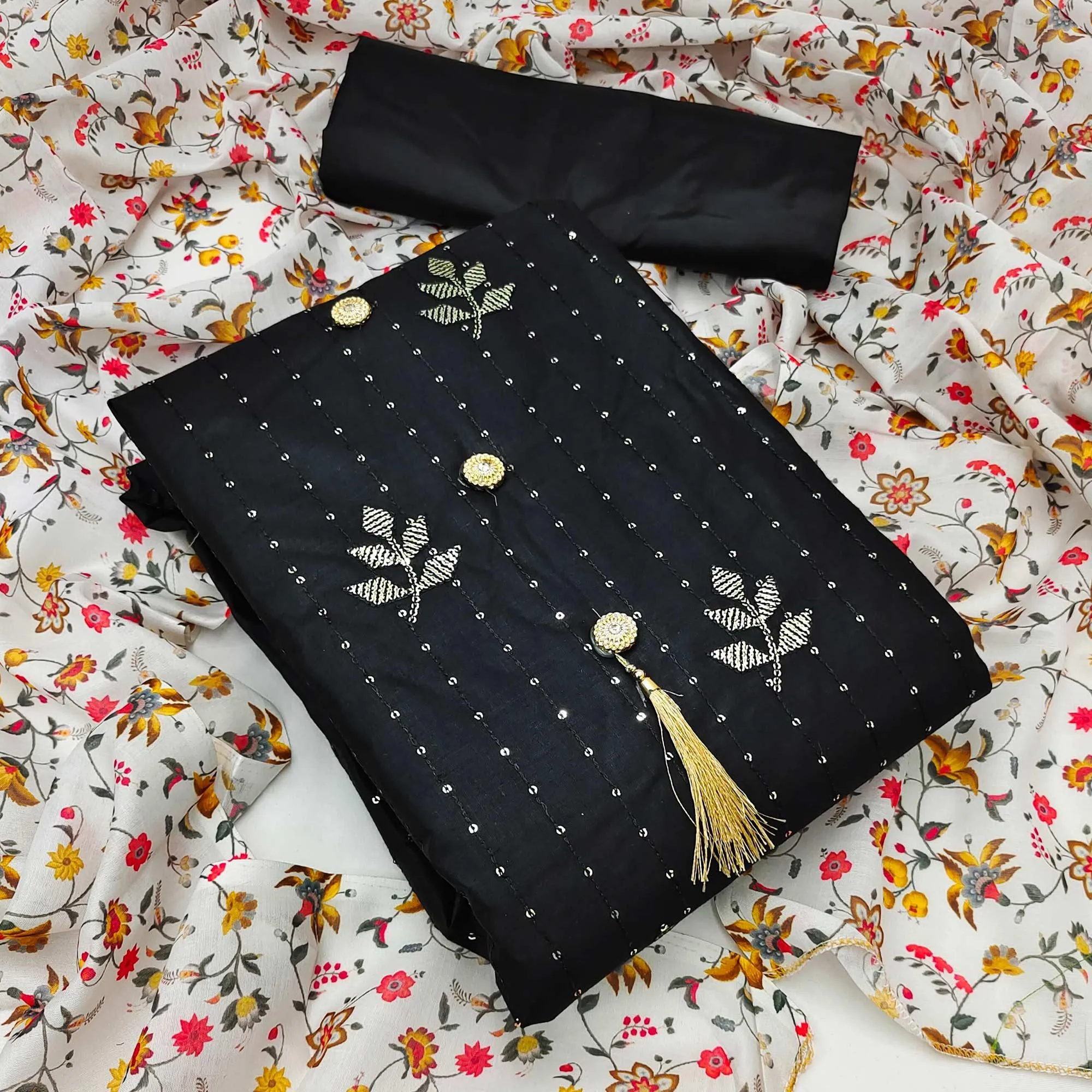 Black Festive Wear Sequins Work Cotton Dress Material