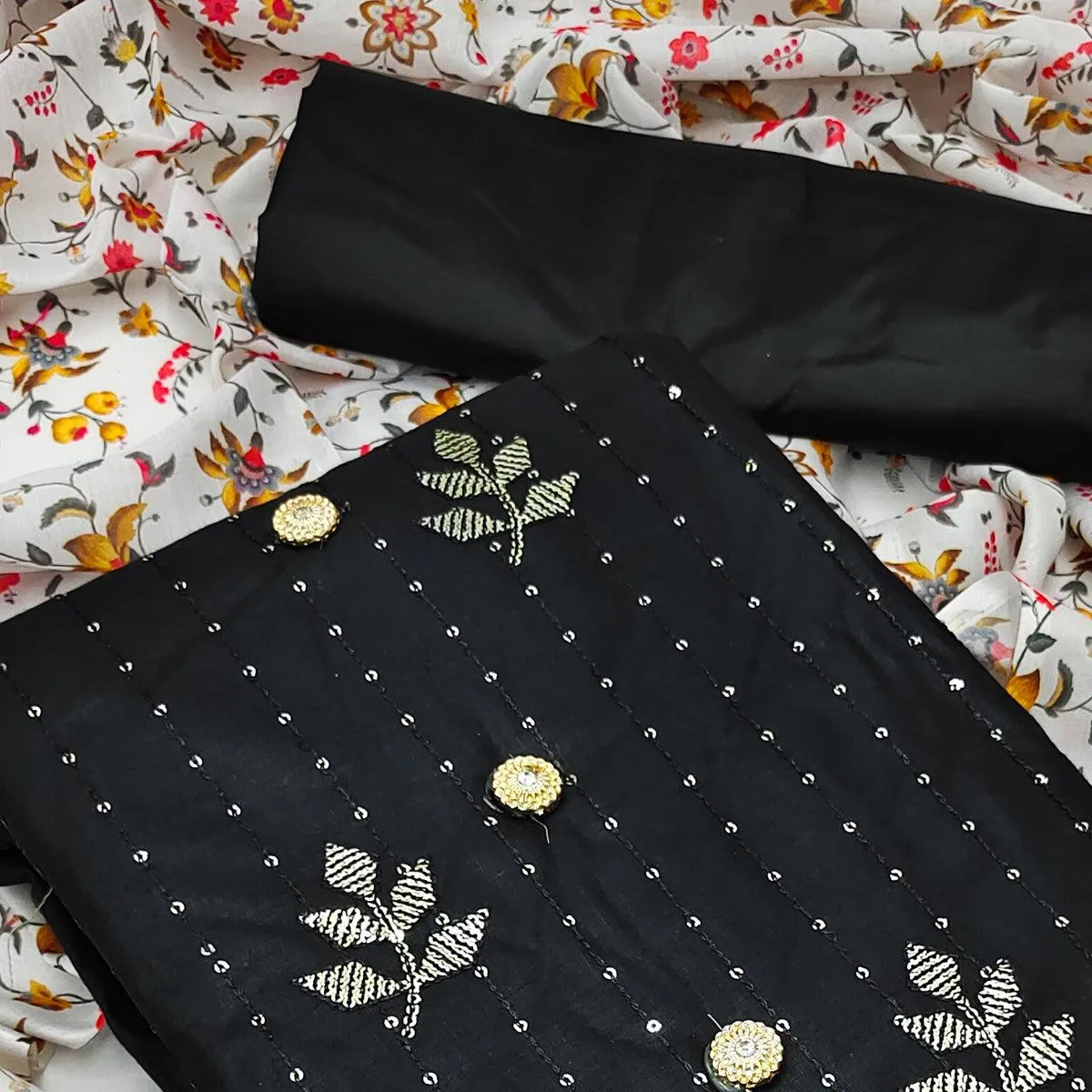 Black Festive Wear Sequins Work Cotton Dress Material