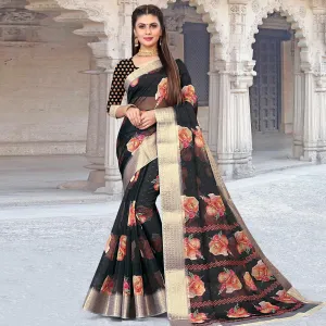 Black Party Wear Floral Digital Printed With Jacquard Border Soft Georgette Saree