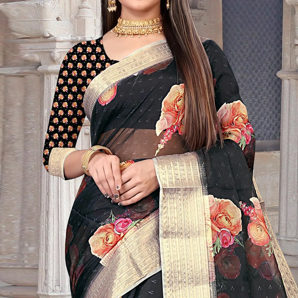 Black Party Wear Floral Digital Printed With Jacquard Border Soft Georgette Saree