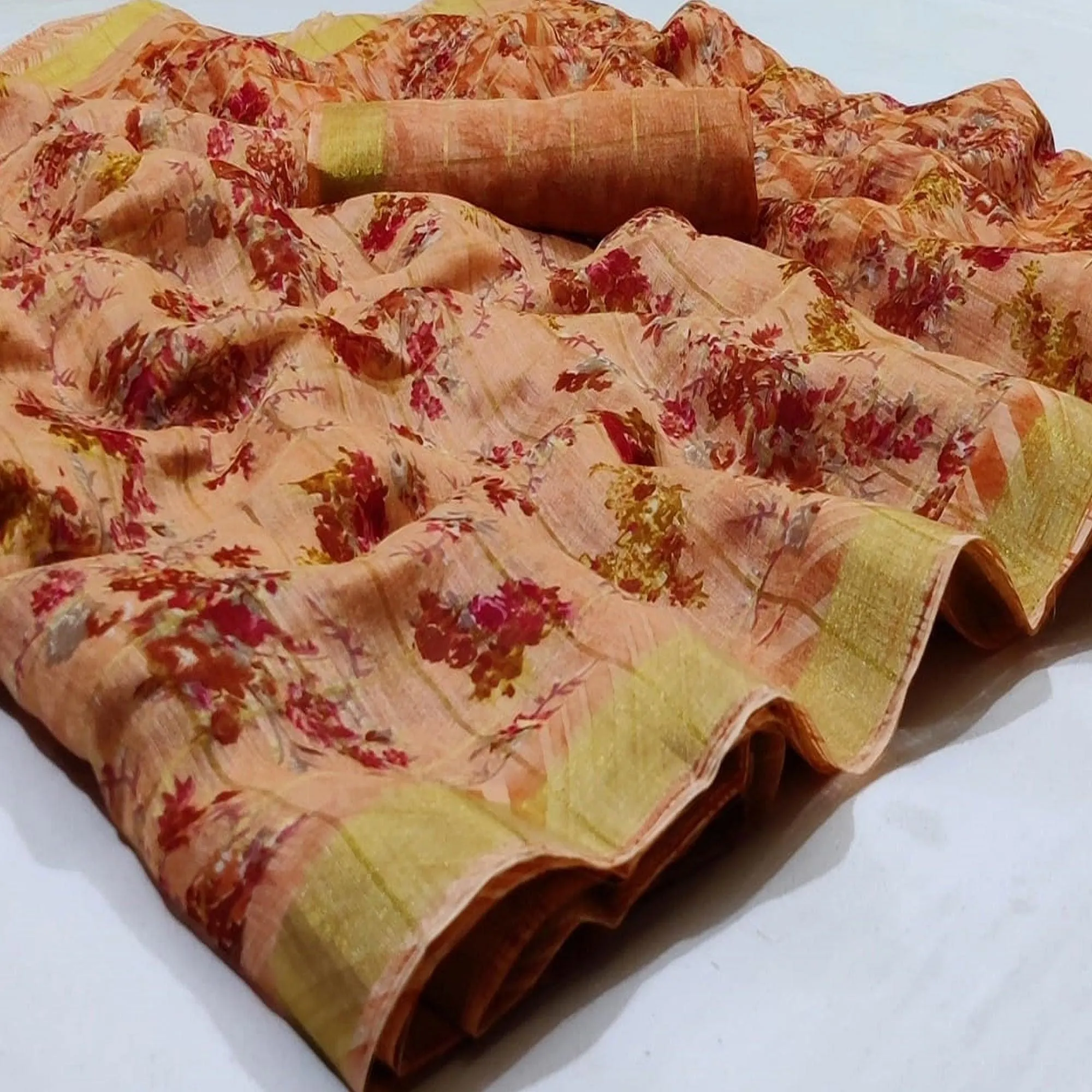 Blissful Peach Colored Casual Wear Fancy Printed Cotton Saree