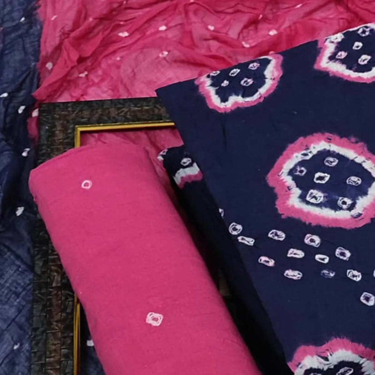 Blue Casual Wear Bandhani Printed Pure Cotton Dress Material