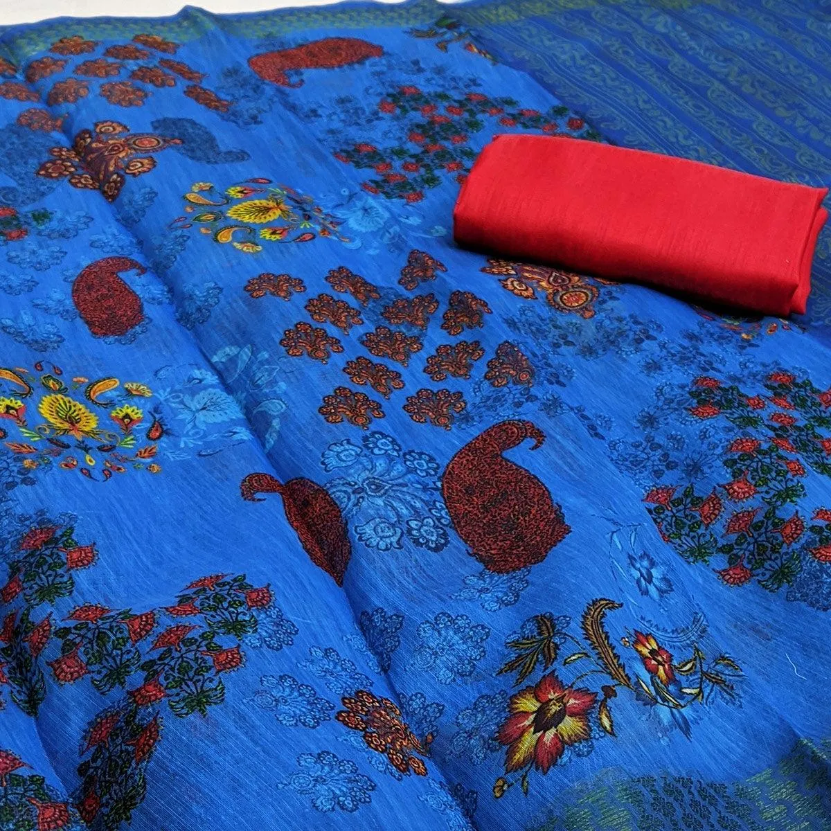 Blue Festive Wear Floral Digital Printed With Woven Zari Border Cotton Saree
