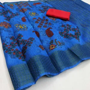 Blue Festive Wear Floral Digital Printed With Woven Zari Border Cotton Saree