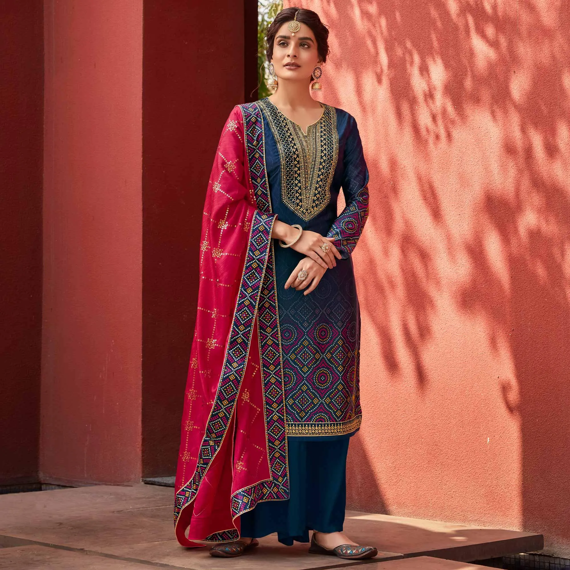 Blue Party Wear Floral Embroidery With Digital Printed Jam Satin Suit