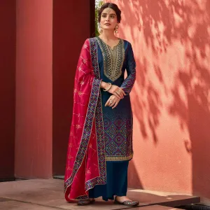 Blue Party Wear Floral Embroidery With Digital Printed Jam Satin Suit