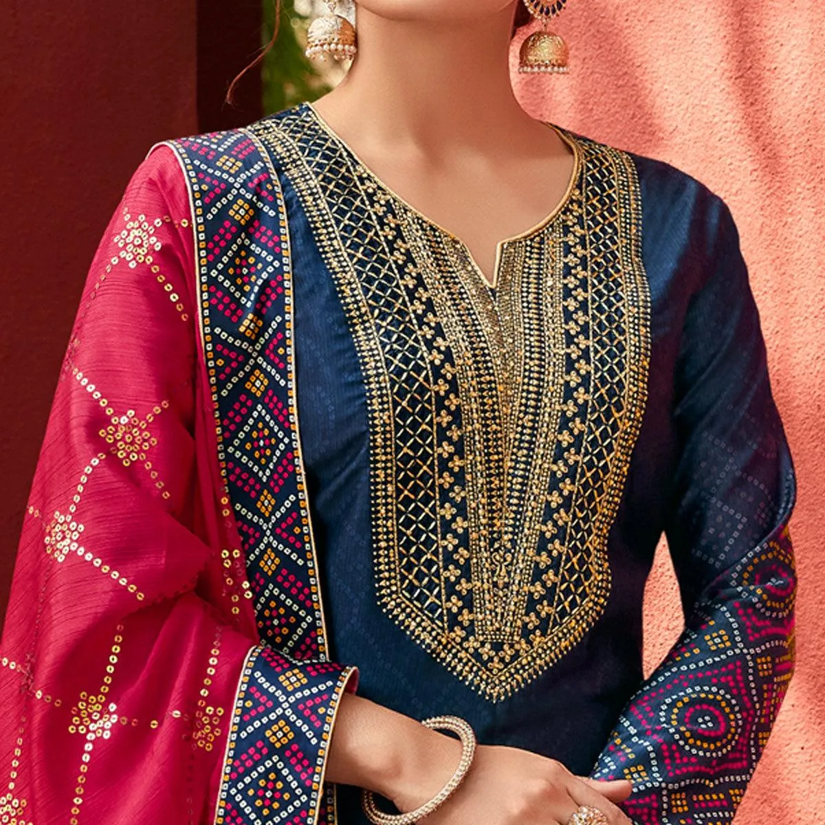 Blue Party Wear Floral Embroidery With Digital Printed Jam Satin Suit