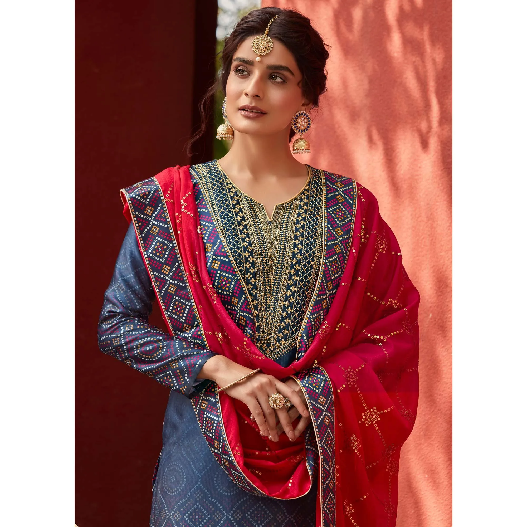 Blue Party Wear Floral Embroidery With Digital Printed Jam Satin Suit