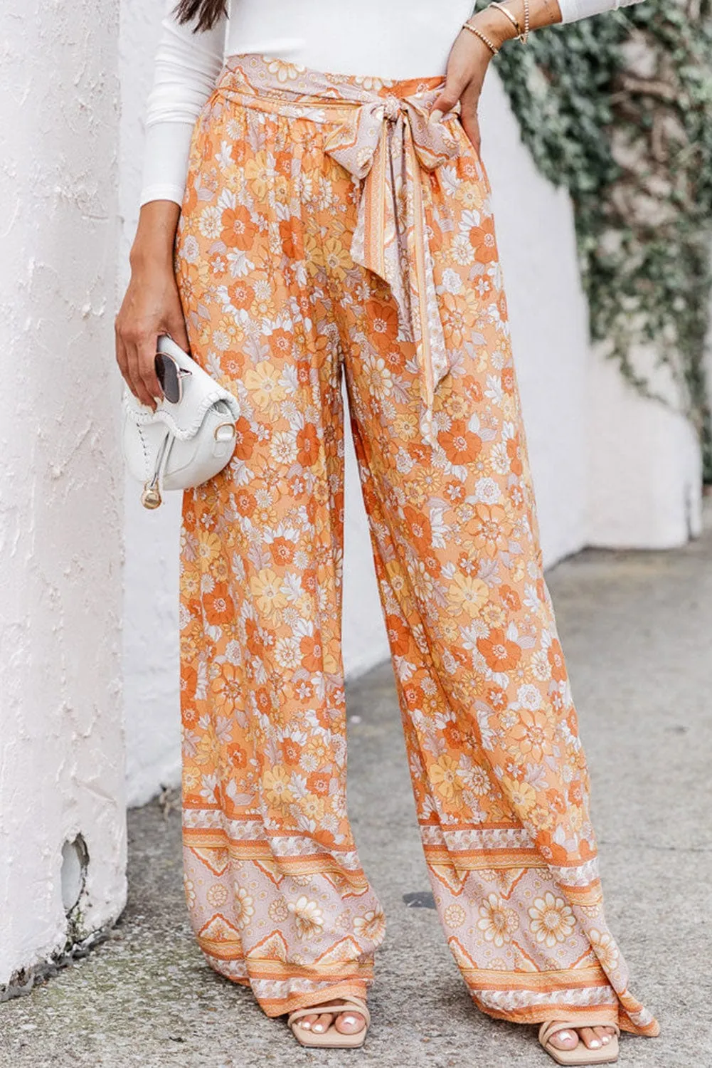Bohemian Floral Wide Leg Pants with Grapefruit Twist
