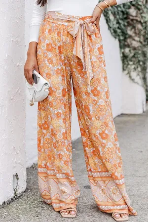 Bohemian Floral Wide Leg Pants with Grapefruit Twist