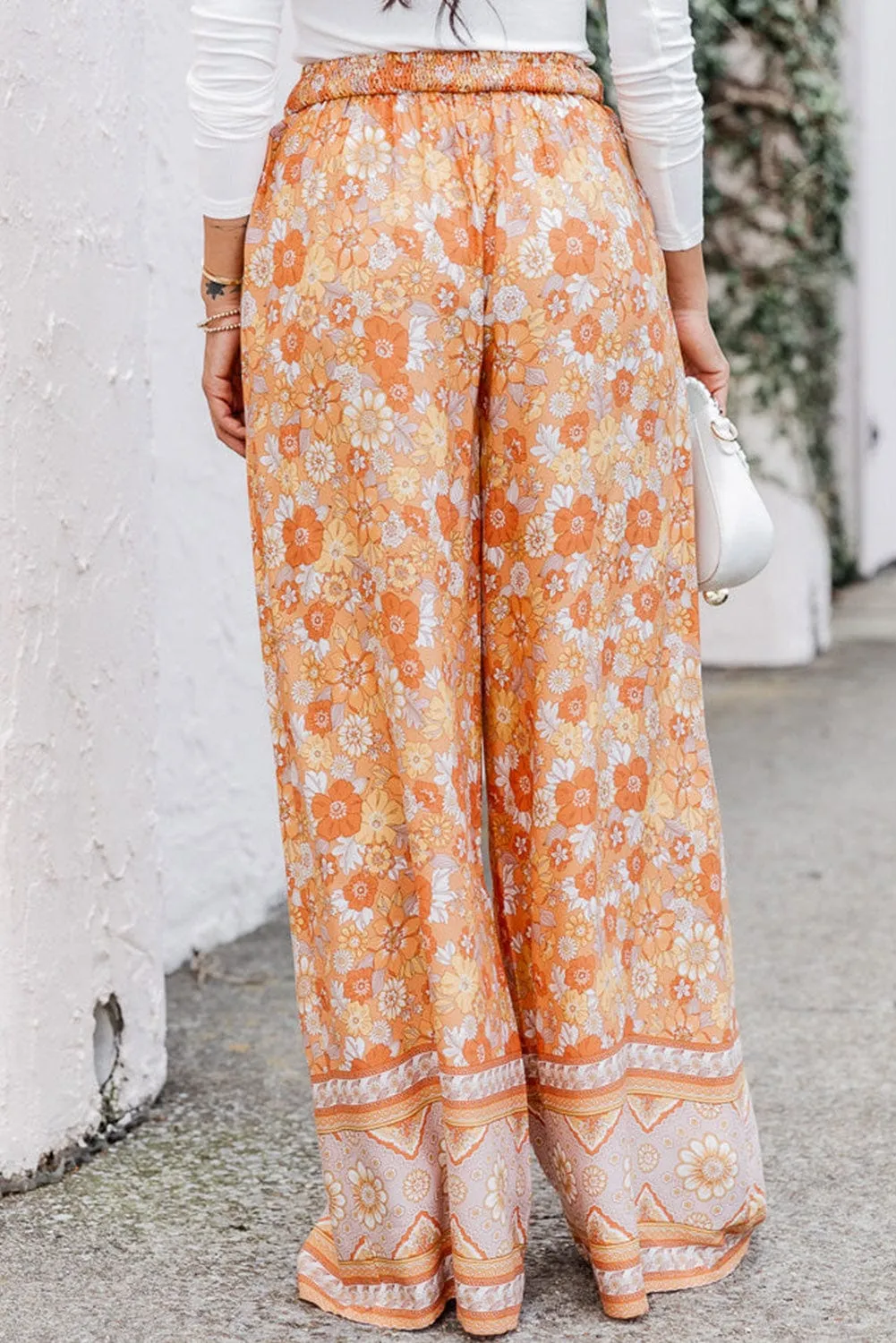 Bohemian Floral Wide Leg Pants with Grapefruit Twist
