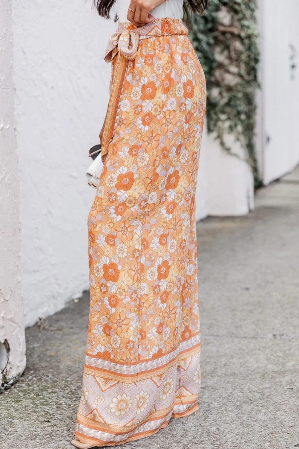 Bohemian Floral Wide Leg Pants with Grapefruit Twist