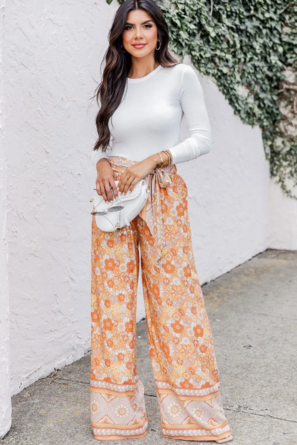 Bohemian Floral Wide Leg Pants with Grapefruit Twist