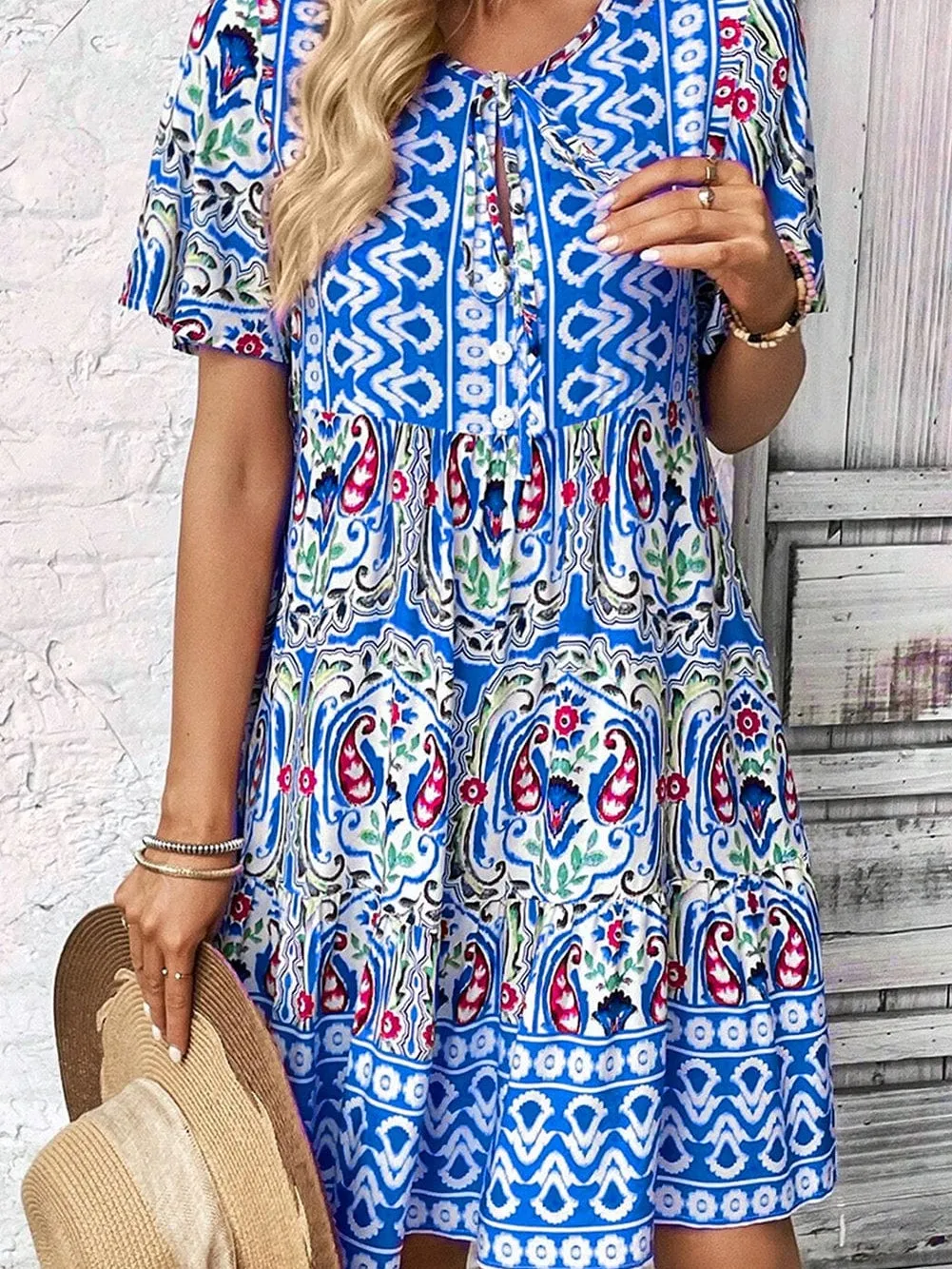 Boho Chic Sky Blue Floral Print Mini Dress with Tie Neck