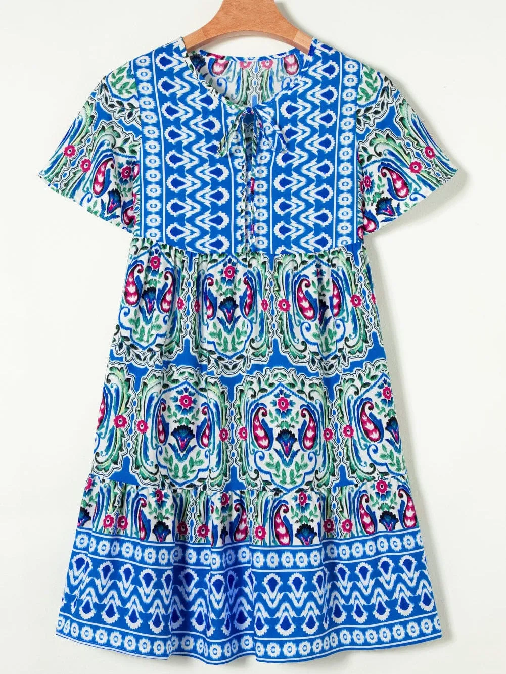 Boho Chic Sky Blue Floral Print Mini Dress with Tie Neck
