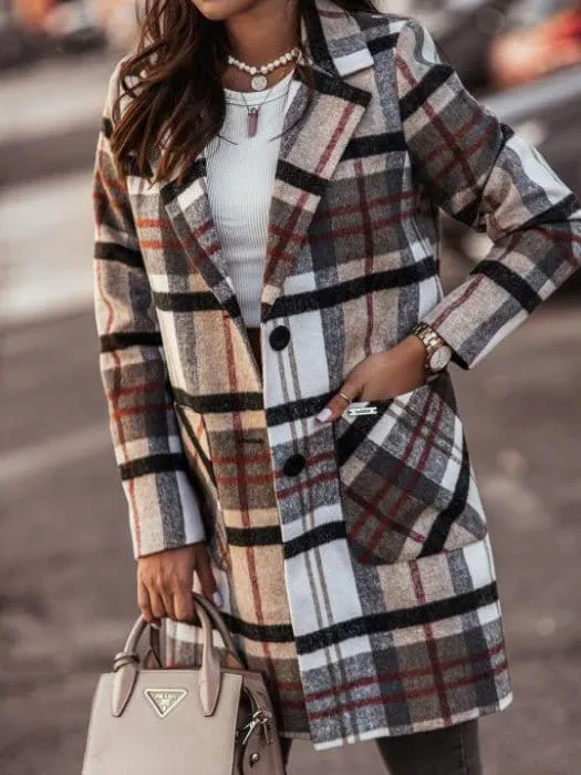 Buttoned Plaid Overcoat