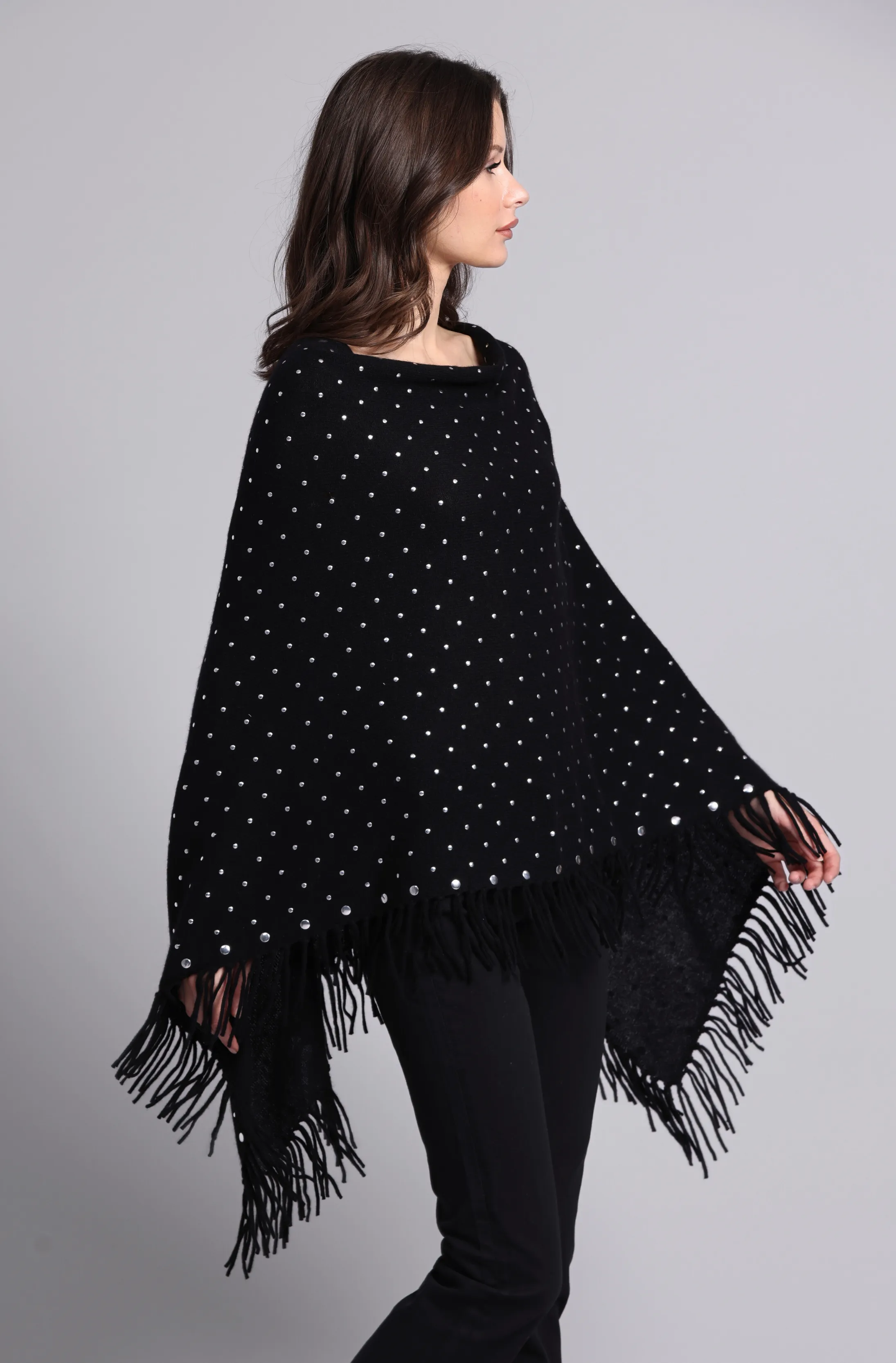 Cashmere Fringe Ruana With Studs