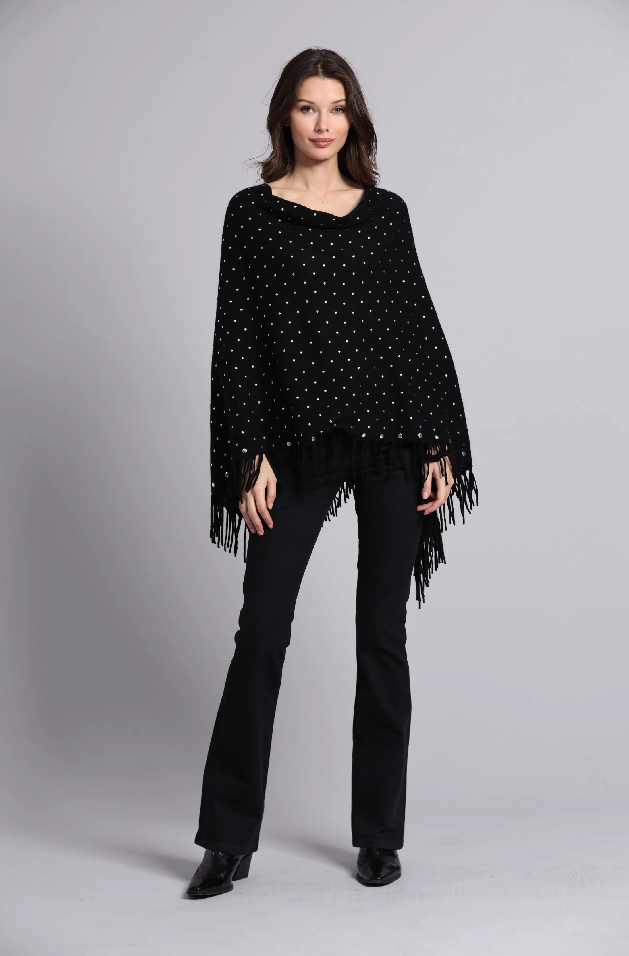 Cashmere Fringe Ruana With Studs