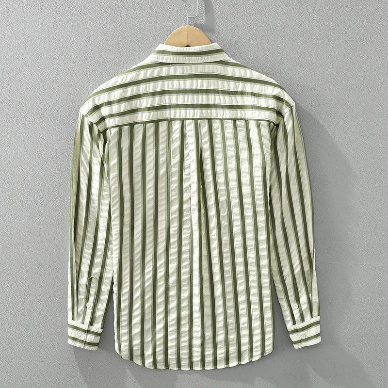 Casual Striped Button-Up Shirt with Contrast Pocket