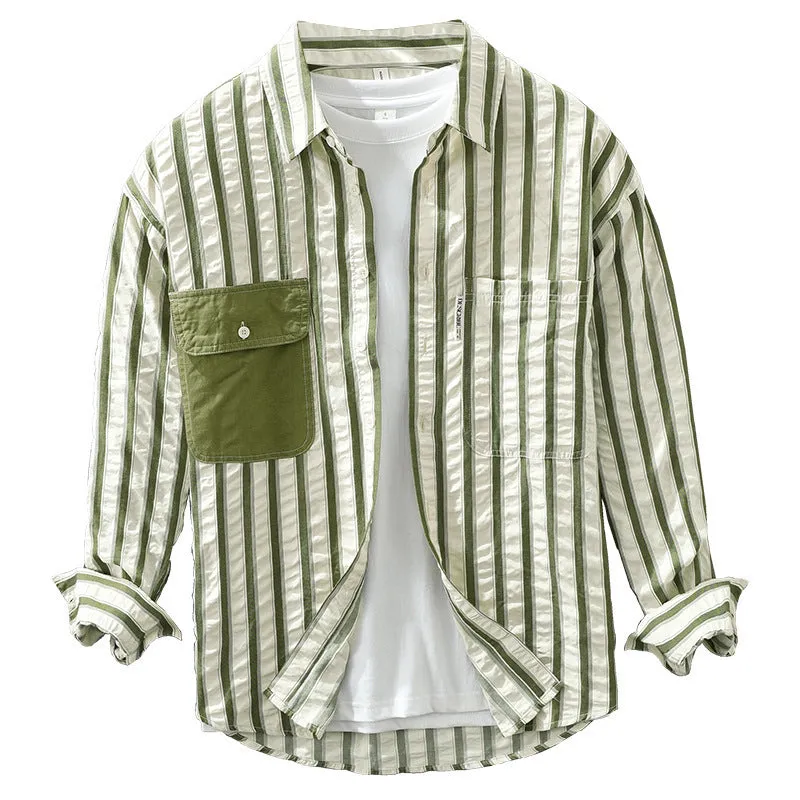 Casual Striped Button-Up Shirt with Contrast Pocket