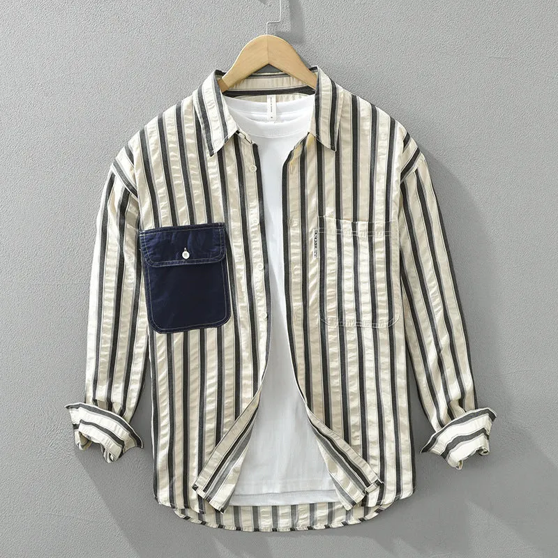 Casual Striped Button-Up Shirt with Contrast Pocket