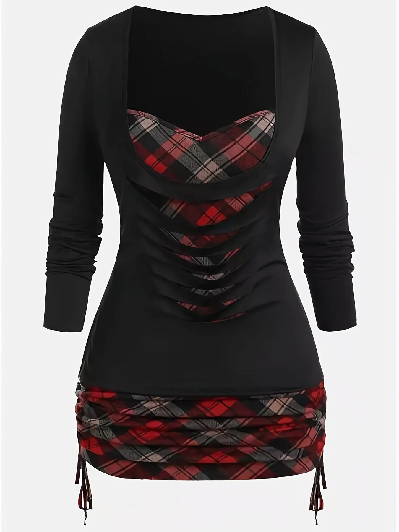Casual Stylish Plaid Print Deep V Neck Long Sleeve T-Shirt