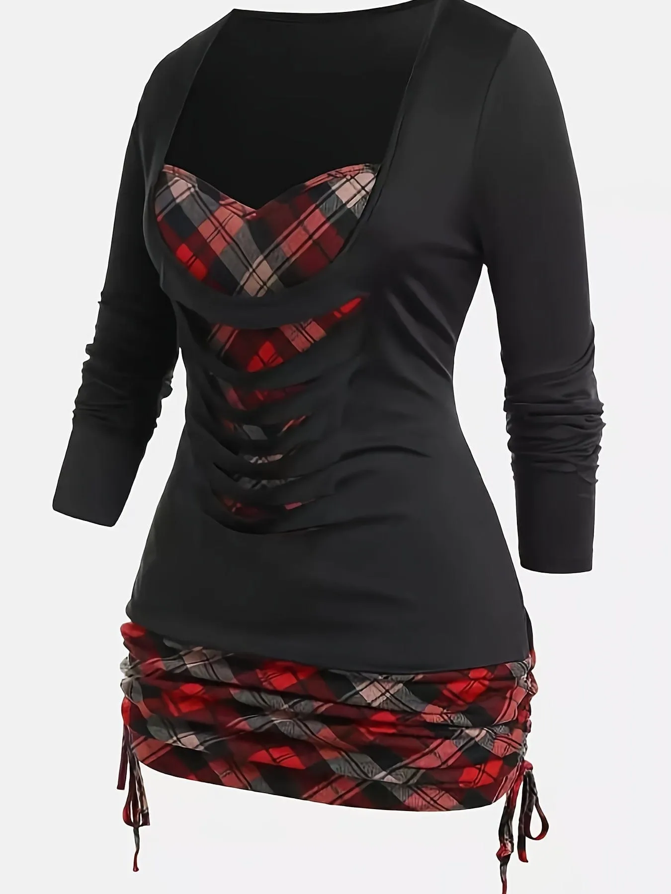 Casual Stylish Plaid Print Deep V Neck Long Sleeve T-Shirt