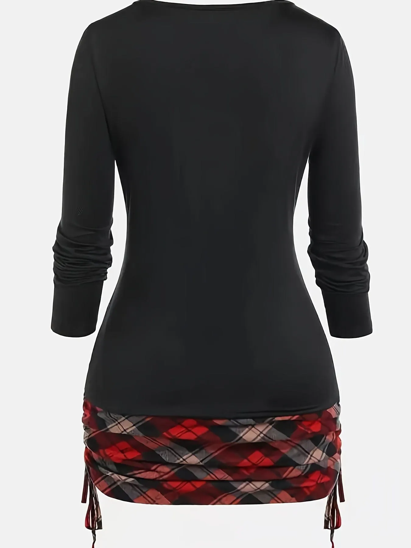 Casual Stylish Plaid Print Deep V Neck Long Sleeve T-Shirt