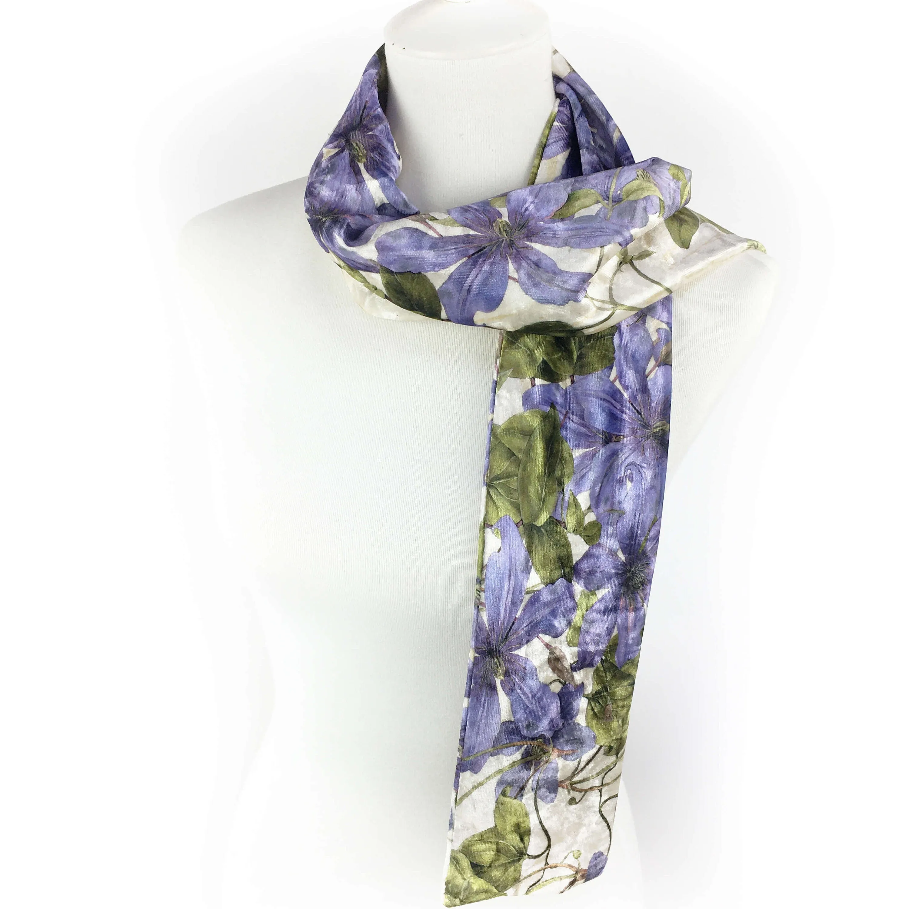 Clematis,Velour Scarf,Womans scarf,Periwinkle,Blue scarf,All season scarf,Lightweight scarf,Hand painted scarf,Ladies scarf,Botanical scarf