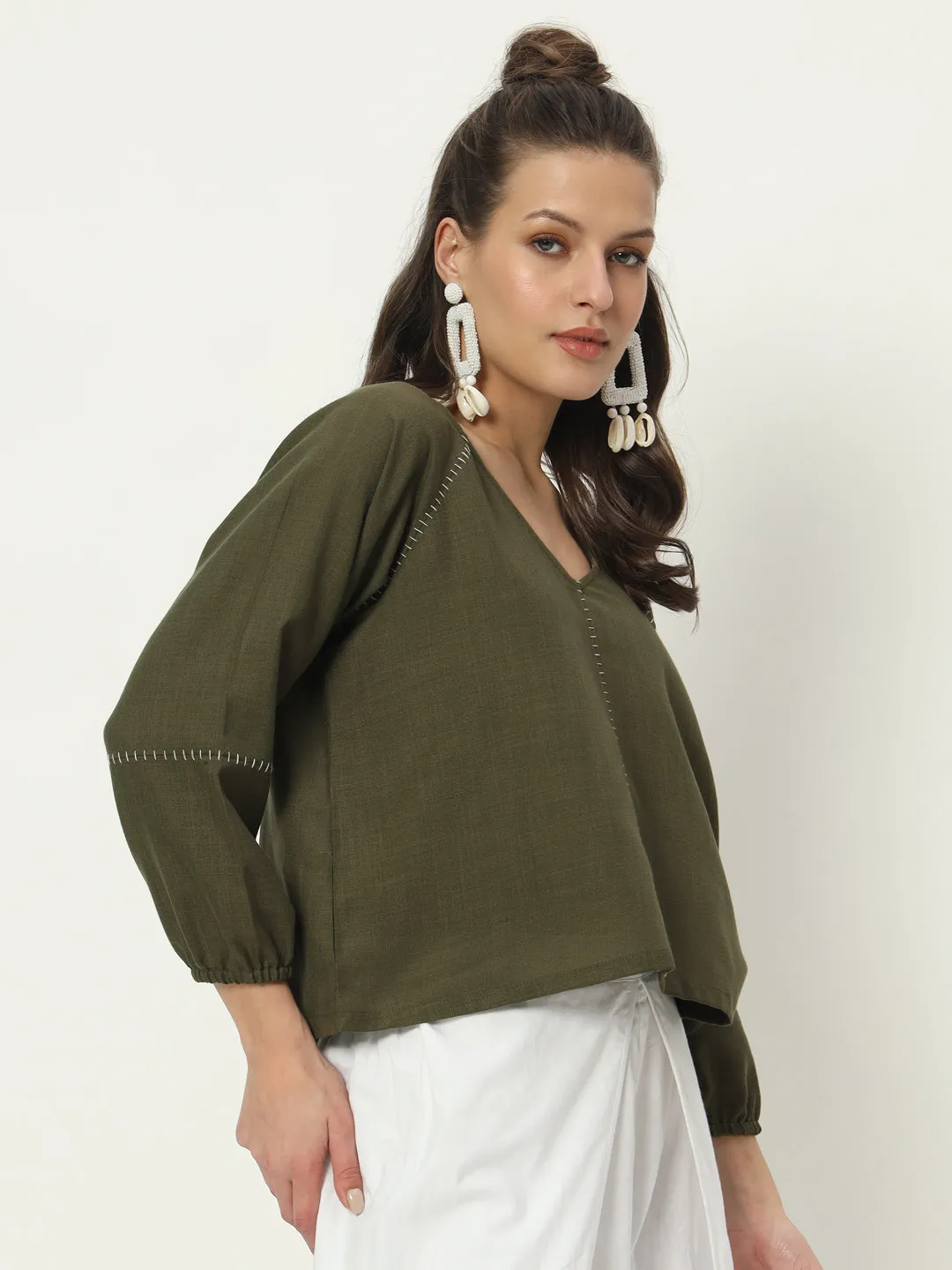 Cotton Embroidered V-neck Top