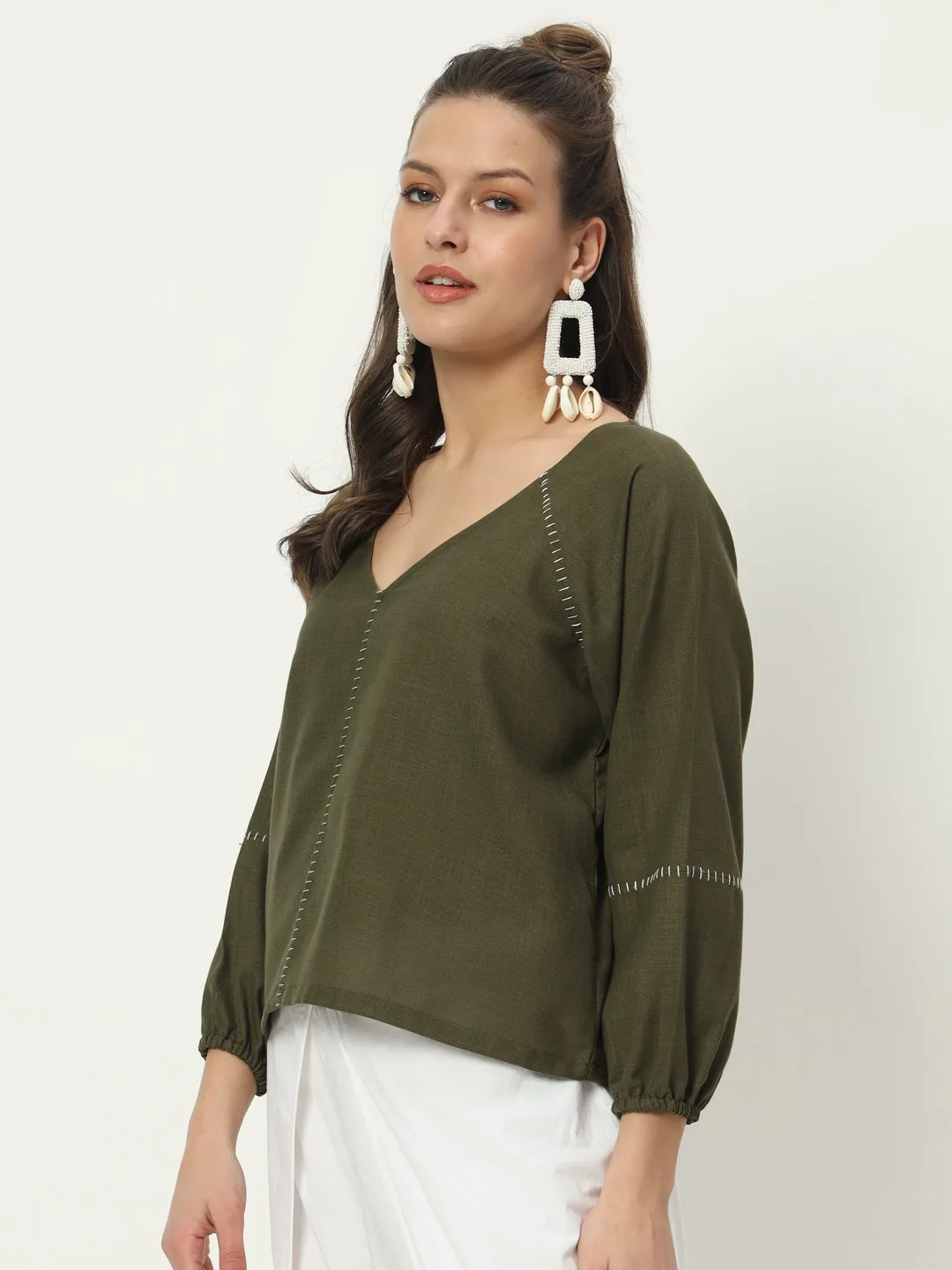 Cotton Embroidered V-neck Top