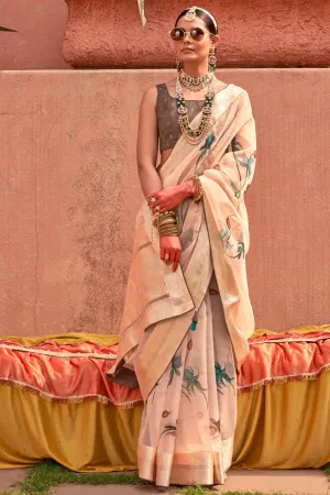 Creative Printed Work On Saree In Beige Color Organza Silk Fabric