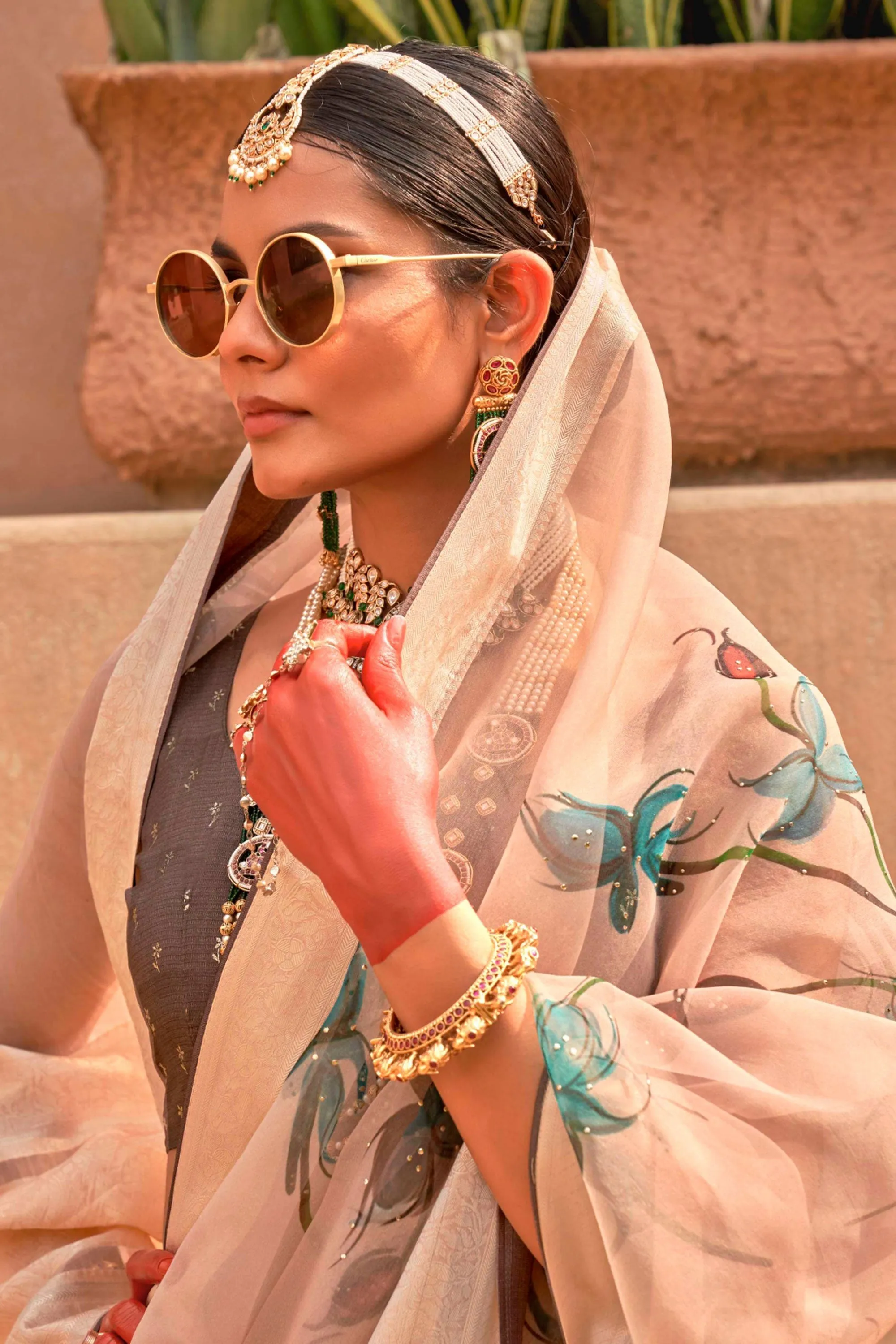 Creative Printed Work On Saree In Beige Color Organza Silk Fabric