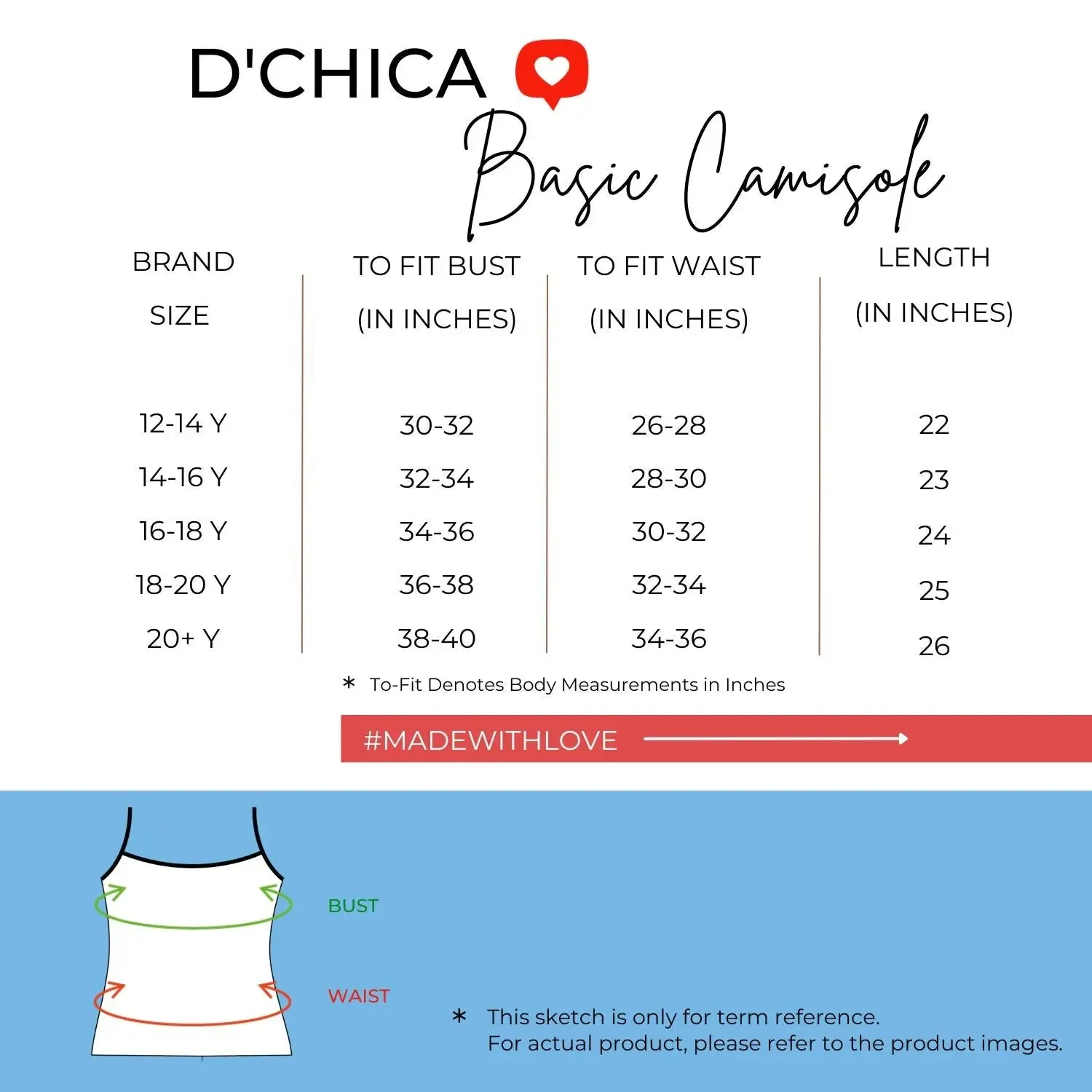 D'chica White Basic Cotton Camisole for Girl Ð Pack of 1, Soft, Sleeveless, Lightweight, and Perfect for Everyday Wear