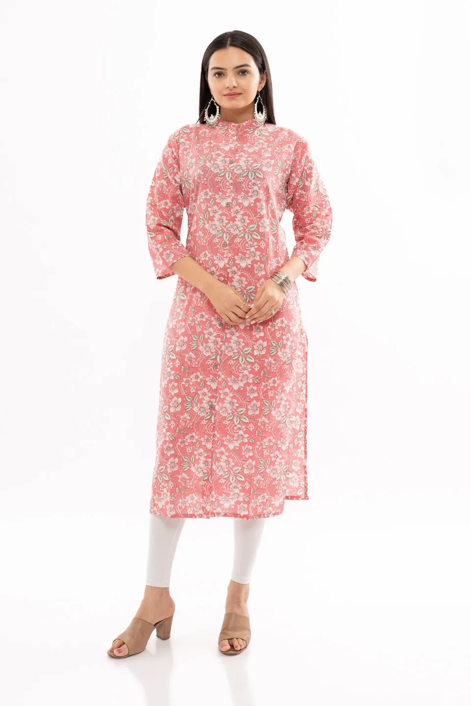 Ekisha women's cotton pink white floral printed straight kurta kurti round neck