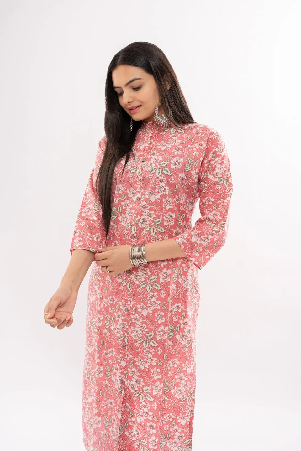 Ekisha women's cotton pink white floral printed straight kurta kurti round neck