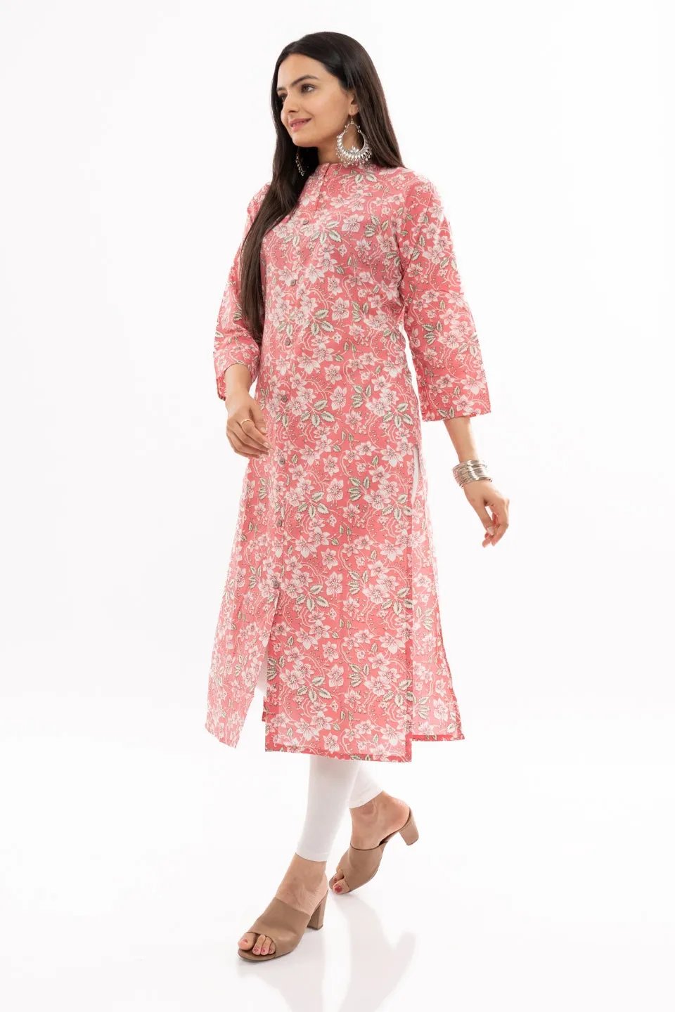 Ekisha women's cotton pink white floral printed straight kurta kurti round neck