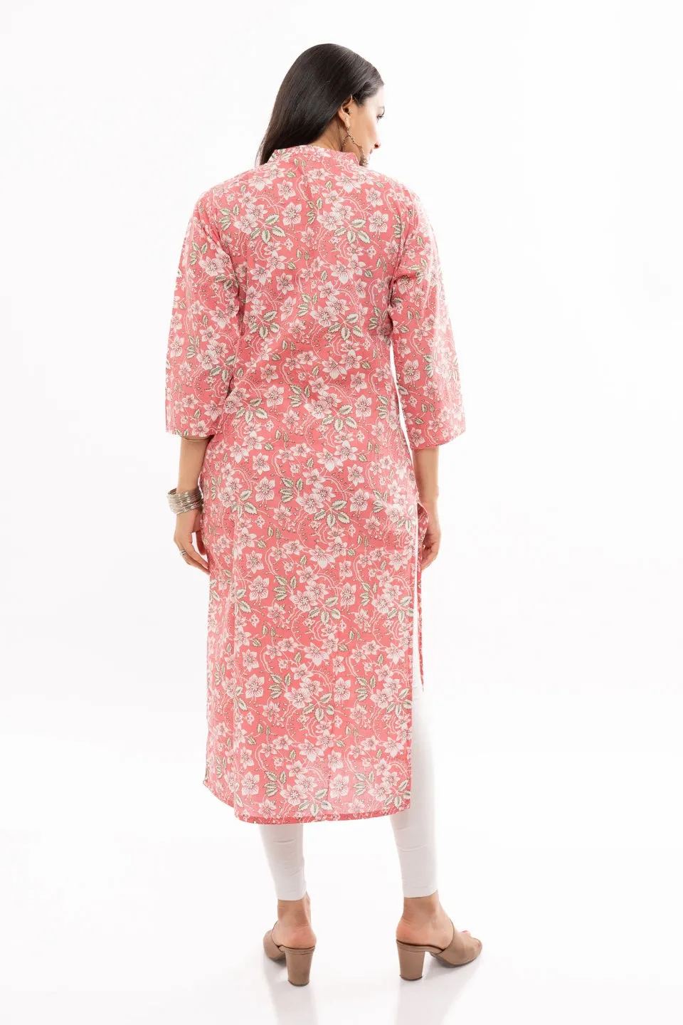 Ekisha women's cotton pink white floral printed straight kurta kurti round neck