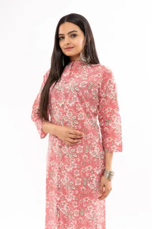 Ekisha women's cotton pink white floral printed straight kurta kurti round neck