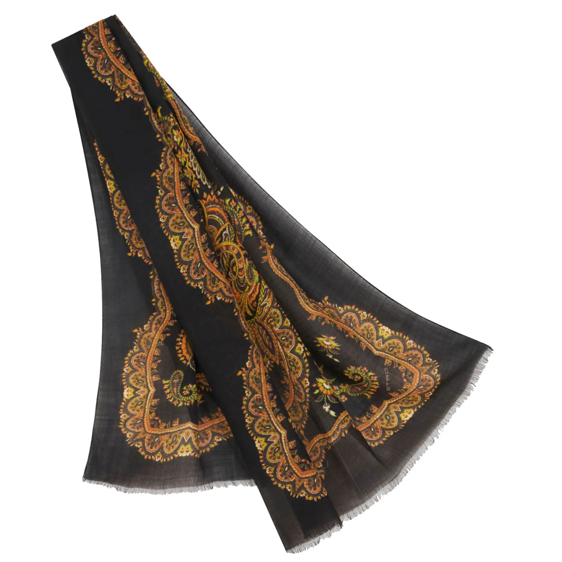 Etro Scarf Black Gold Floral Ornamental Design - Cashmere Shawl SALE