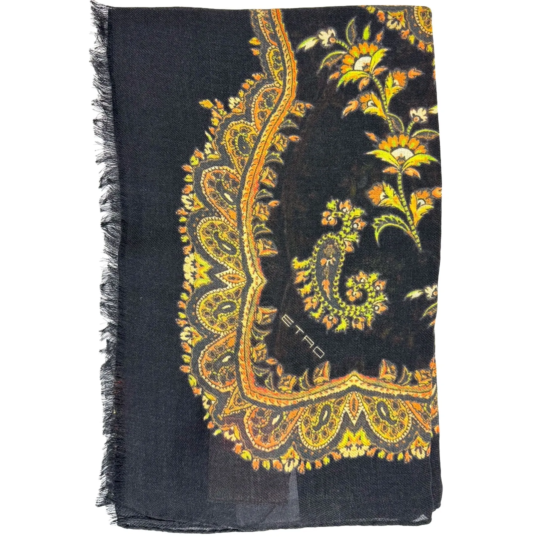 Etro Scarf Black Gold Floral Ornamental Design - Cashmere Shawl SALE