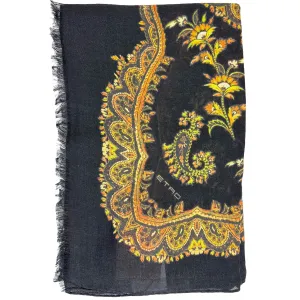 Etro Scarf Black Gold Floral Ornamental Design - Cashmere Shawl SALE